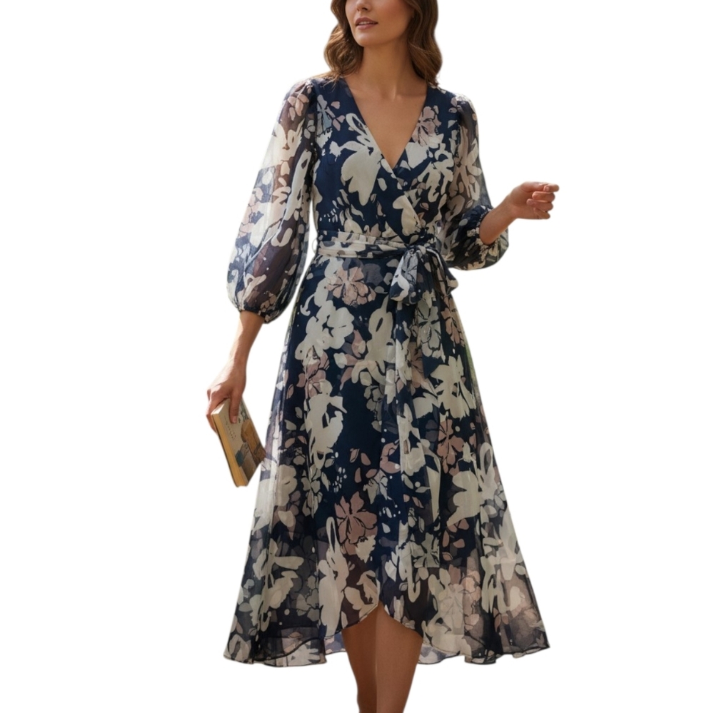 Like New DKNY Floral Sheer Layered Midi Dress Size 4